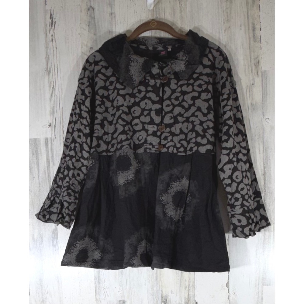 Cupcake Button Up Tunic Medium Black Gray Leopard Mixed Print Cotton Boho Artsy